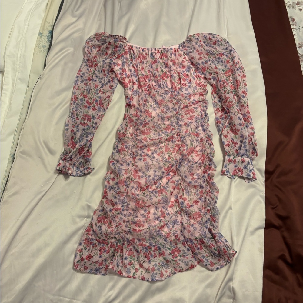 Women's Pink Floral Long-Sleeve Ruffle Dress